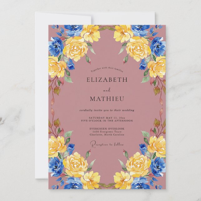 Convite Casamento Pintado em Dourado Cobalto Rosa-Malva (Frente)