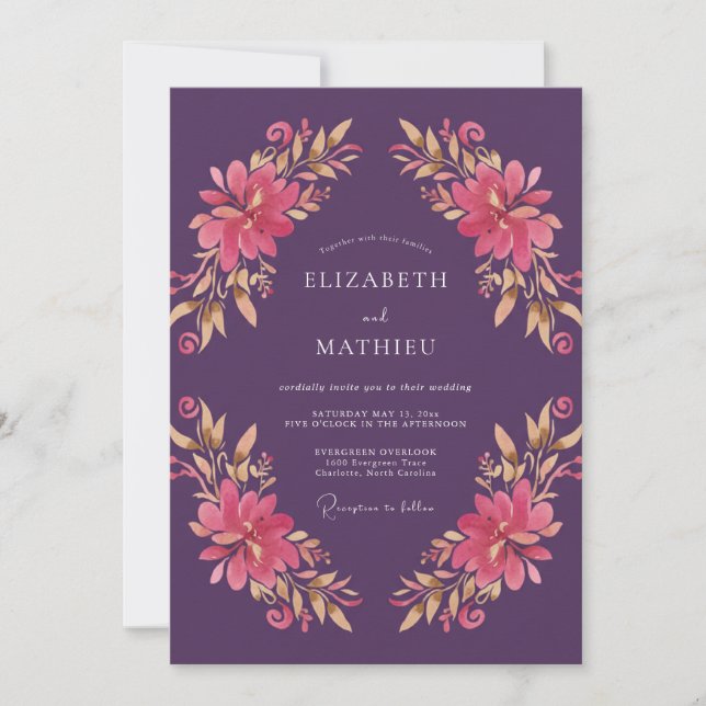 Convite Casamento Pintado em Dourado e Ameixa Quente (Frente)