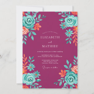 Convite Casamento Pintado em Magenta Celestial Aqua