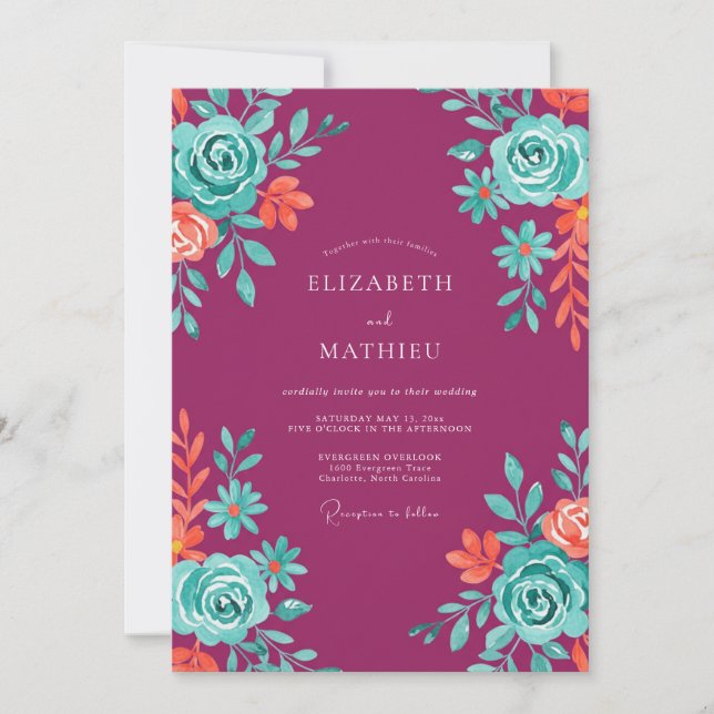 Convite Casamento Pintado em Magenta Celestial Aqua (Frente)