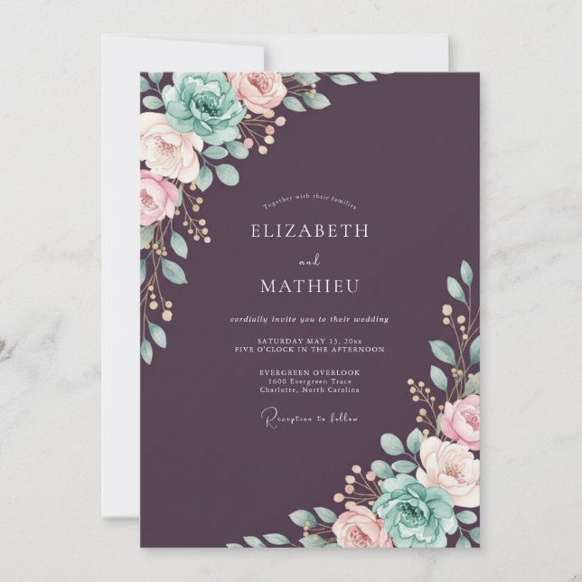 Convite Casamento Pintado em Teal Ameixa (Frente)