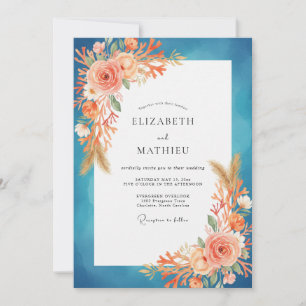 Convite Casamento Pintado em Teal e Damasco
