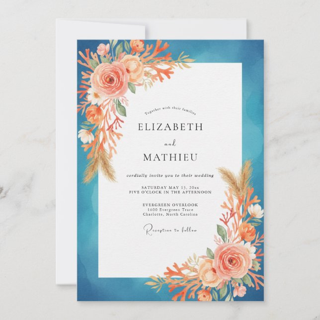 Convite Casamento Pintado em Teal e Damasco (Frente)