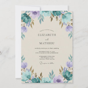 Convite Casamento Pintado em Verde-Azul Vintage Violeta