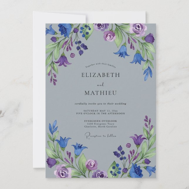Convite Casamento Pintado Jardim Índigo Violeta (Frente)