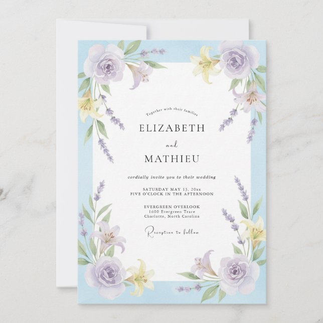 Convite Casamento Pintado Lavanda e Periwinkle (Frente)