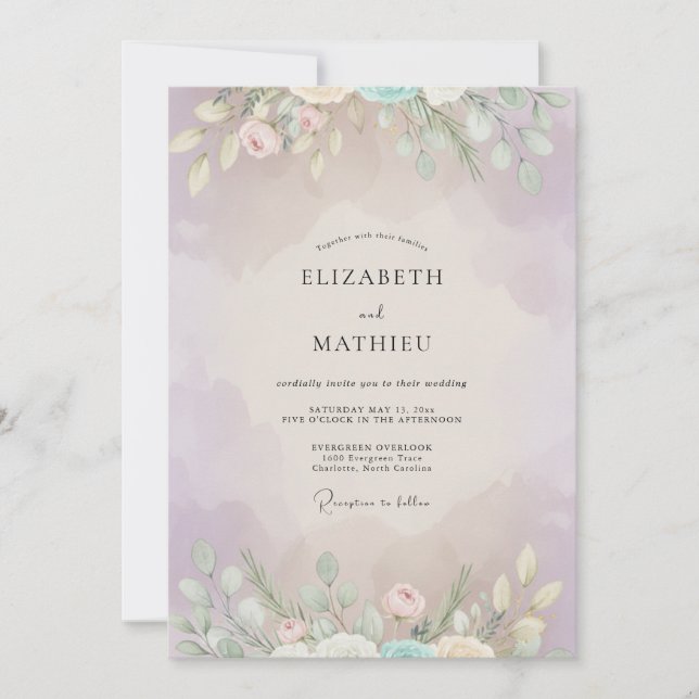 Convite Casamento Pintado Lilás e Menta (Frente)