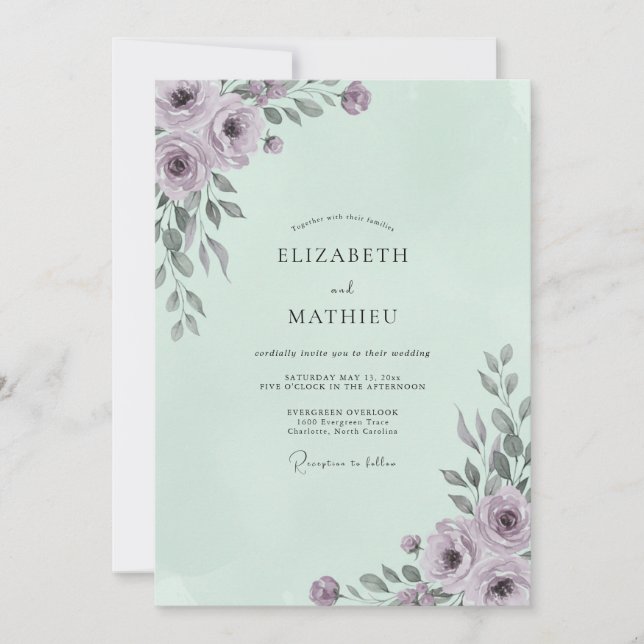Convite Casamento Pintado Lilás Pálido Menta (Frente)