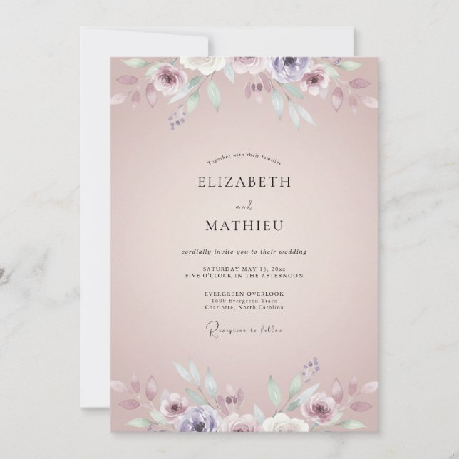 Convite Casamento Pintado Lilás Rosado (Frente)