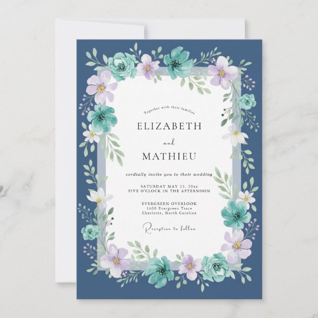 Convite Casamento Pintado Lilás Teal Meia-Noite (Frente)