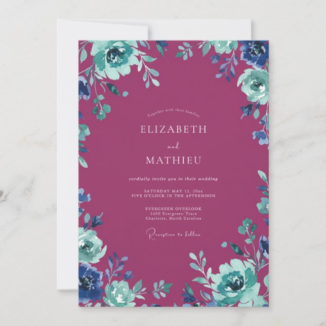 Convite Casamento Pintado Magenta Teal Pressionado (Frente)
