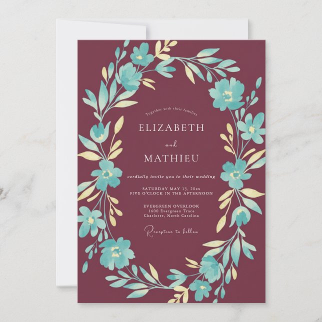 Convite Casamento Pintado Moderno Marrom Aqua (Frente)