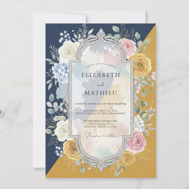 Convite Casamento Pintado Mostarda Meia-Noite (Frente)