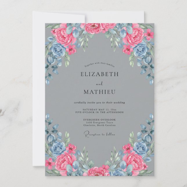 Convite Casamento Pintado Rosa Azul (Frente)