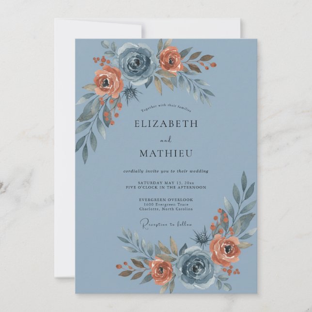 Convite Casamento Pintado Rosa Azul Empoeirado (Frente)
