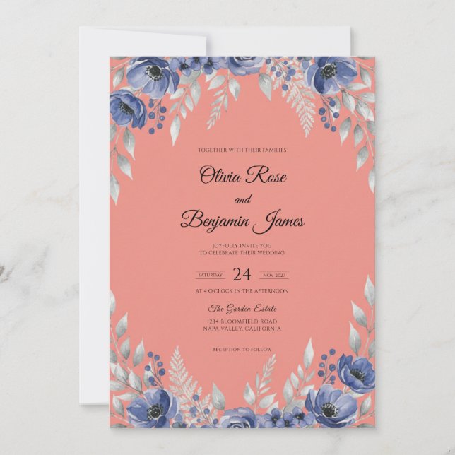 Convite Casamento Pintado Salmão e Periwinkle (Frente)
