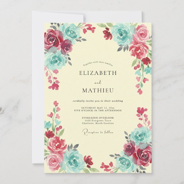 Convite Casamento Pintado Turquesa Magenta (Frente)