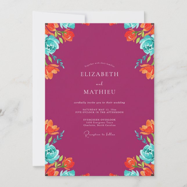 Convite Casamento Pintado Turquesa Magenta Costeira (Frente)