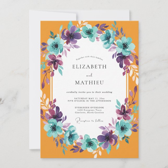 Convite Casamento Pintado Turquesa Marigold (Frente)