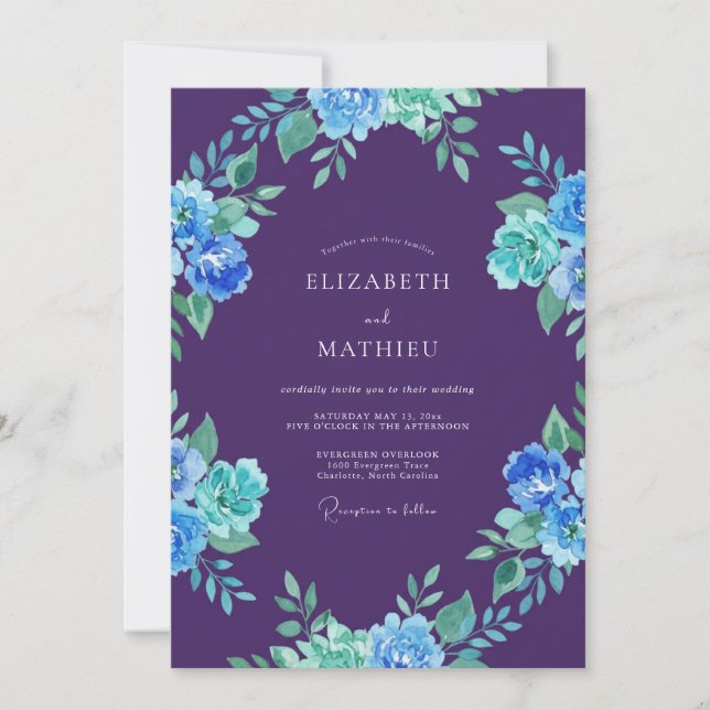 Convite Casamento Pintado Violeta Azul (Frente)