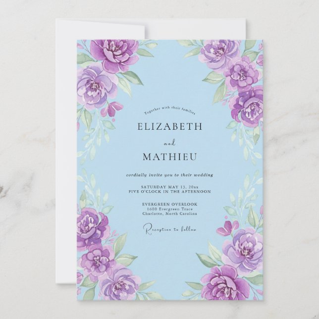 Convite Casamento Pintado Violeta Periwinkle Prado (Frente)