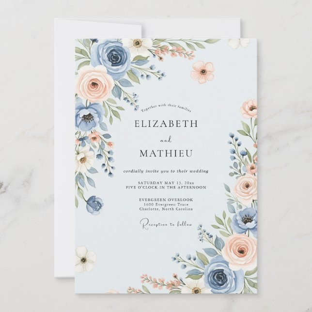 Convite Casamento Pitoresco de Primavera em Azul Empoeirad (Frente)