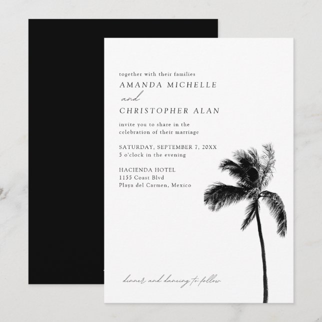 Convite Casamento Playa del Carmen México Preto e Branco (Frente/Verso)