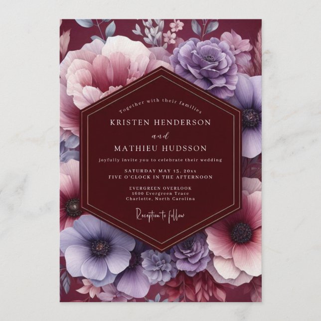 Convite Casamento Plum & Blush Moody Bloom (Frente)