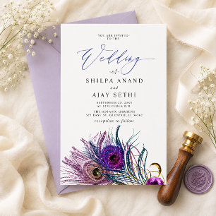 Convite Casamento Pluma de Pavão Azul Roxo Dourado Brilhan