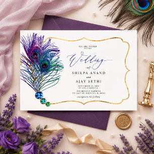 Convite Casamento Pluma de Pavão Azul Roxo Dourado Brilhan