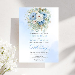 Convite Casamento Poeira Azul Branco Peônia Dourado