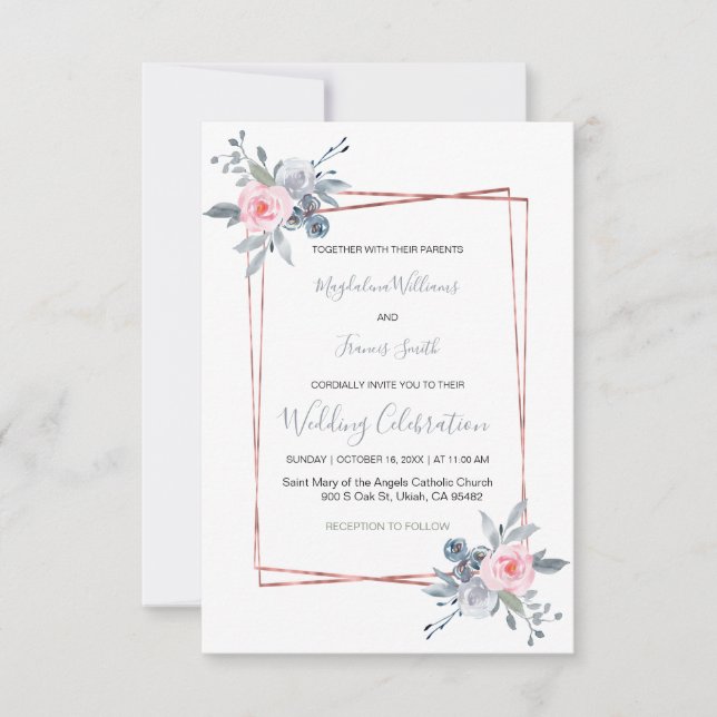 Convite casamento poeirento, azul e rosa rosa (Frente)