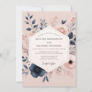 Convite Casamento Poético Blush & Navy Bloom