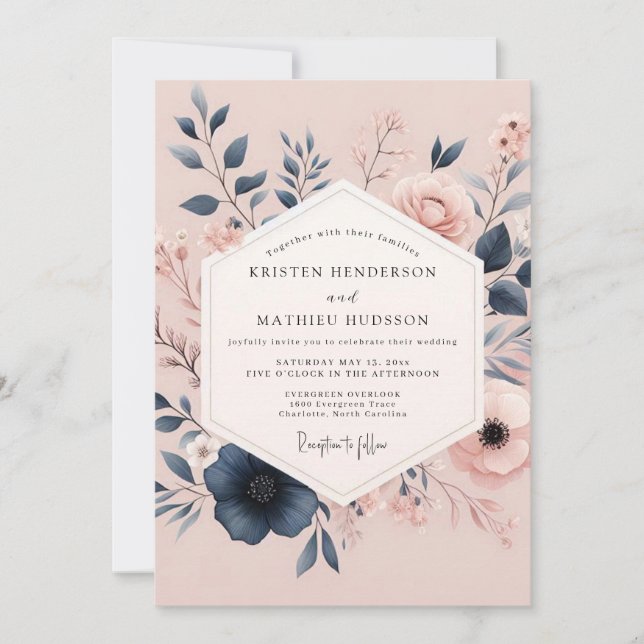 Convite Casamento Poético Blush & Navy Bloom (Frente)