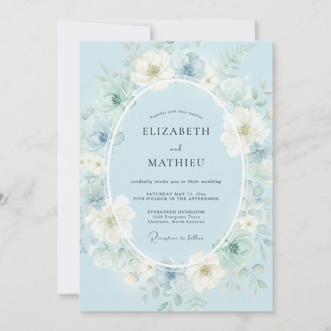 Convite Casamento Poético de Primavera Azul Ártico (Frente)