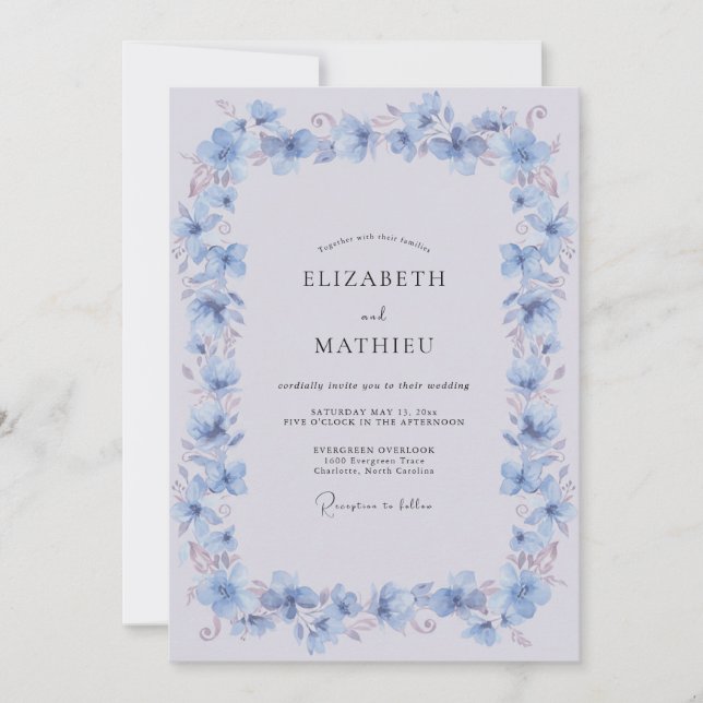 Convite Casamento Poético de Primavera Azul Centáurea (Frente)
