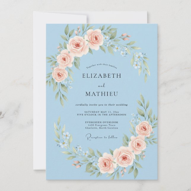 Convite Casamento Poético de Primavera Azul Céu (Frente)