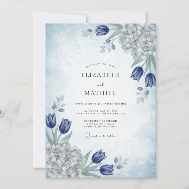 Convite Casamento Poético de Primavera em Azul Aço (Frente)