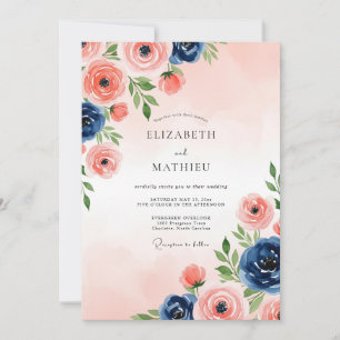 Convite Casamento Poético em Aquarela Rosa Bege Azul Marin