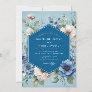 Convite Casamento Poético Flora Azul Desbotado