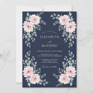 Convite Casamento Poético Rosa Azul-Marinho