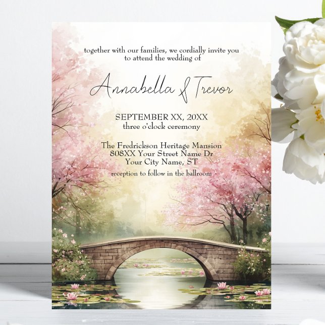 Convite Casamento Ponte de Aquarela Romântica & Flores Cor (Criador carregado)