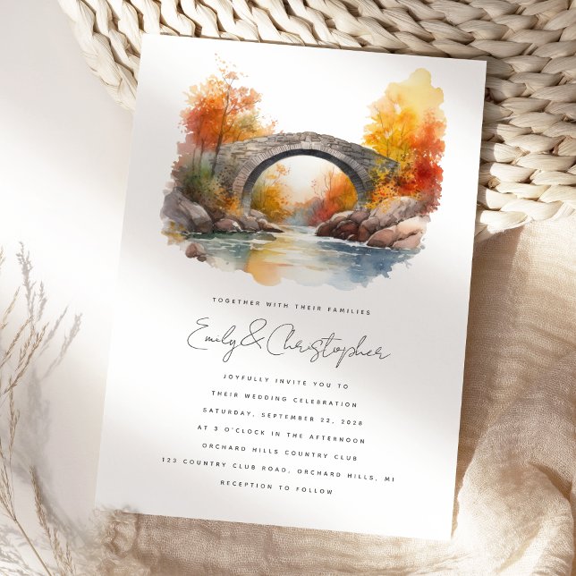 Convite Casamento Ponte de Outono Rústica Aquarela (Criador carregado)