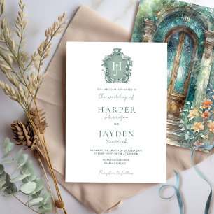 Convite Casamento por Aquarela Chic Monograma Verde, Teal 