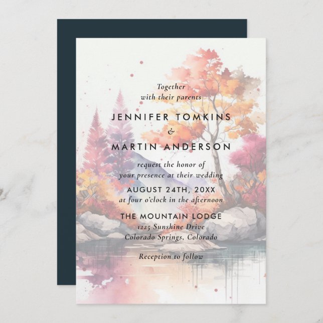 Convite Casamento por Aquarela de Árvores do Lago Fall Mou (Frente/Verso)