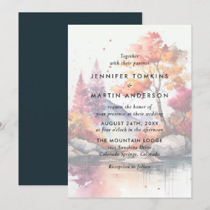 Convite Casamento por Aquarela de Árvores do Lago Fall Mou