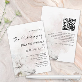 Convite Casamento por Aquarela de Florais Brancos QR Elega