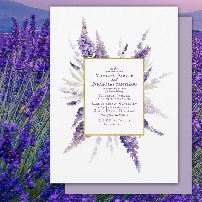 Convite Casamento Por Aquarela De Flores De Lavandas Elega (Watercolor Lavender under a faux gold foil frame on this beautiful wedding invitation.)