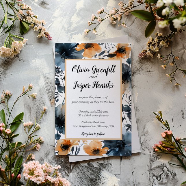 Convite Casamento por Aquarela de Flores Negras e Laranja (Criador carregado)