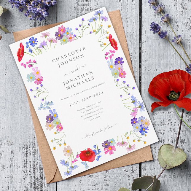 Convite Casamento por Aquarela de Flores Selvagens Moderna (Colorful wildflower elegant wedding invitation with boho red poppy and blue cornflower)
